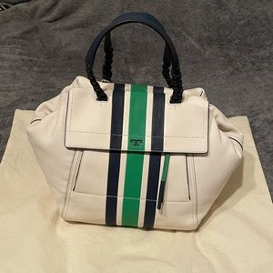 NWT Tory Burch Half-Moon Stripe Satchel in ivory navy and green